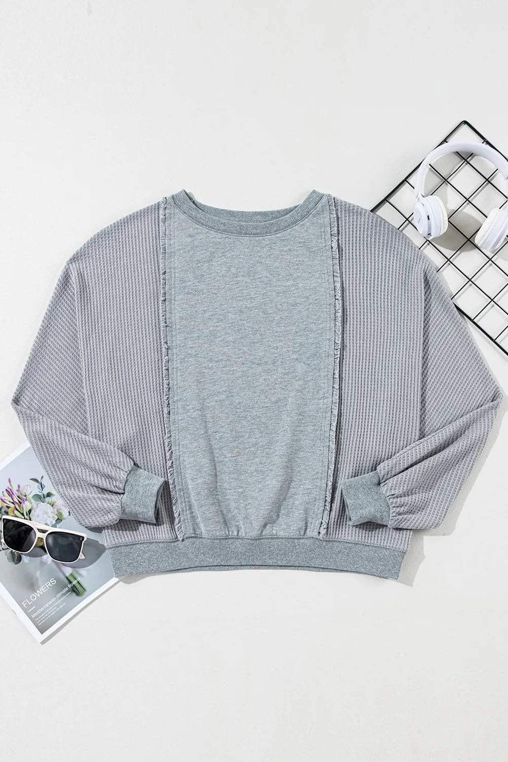 Waffle-Knit Round Neck Long Sleeve Top - Trendsi - Flyclothing LLC