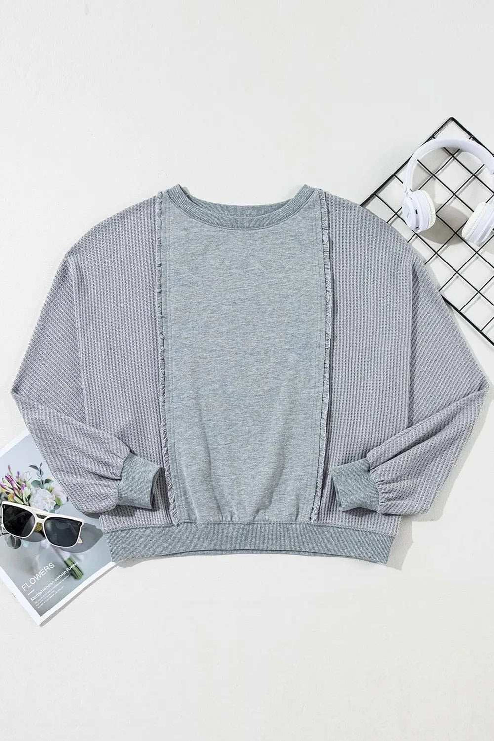 Waffle-Knit Round Neck Long Sleeve Top - Trendsi - Flyclothing LLC