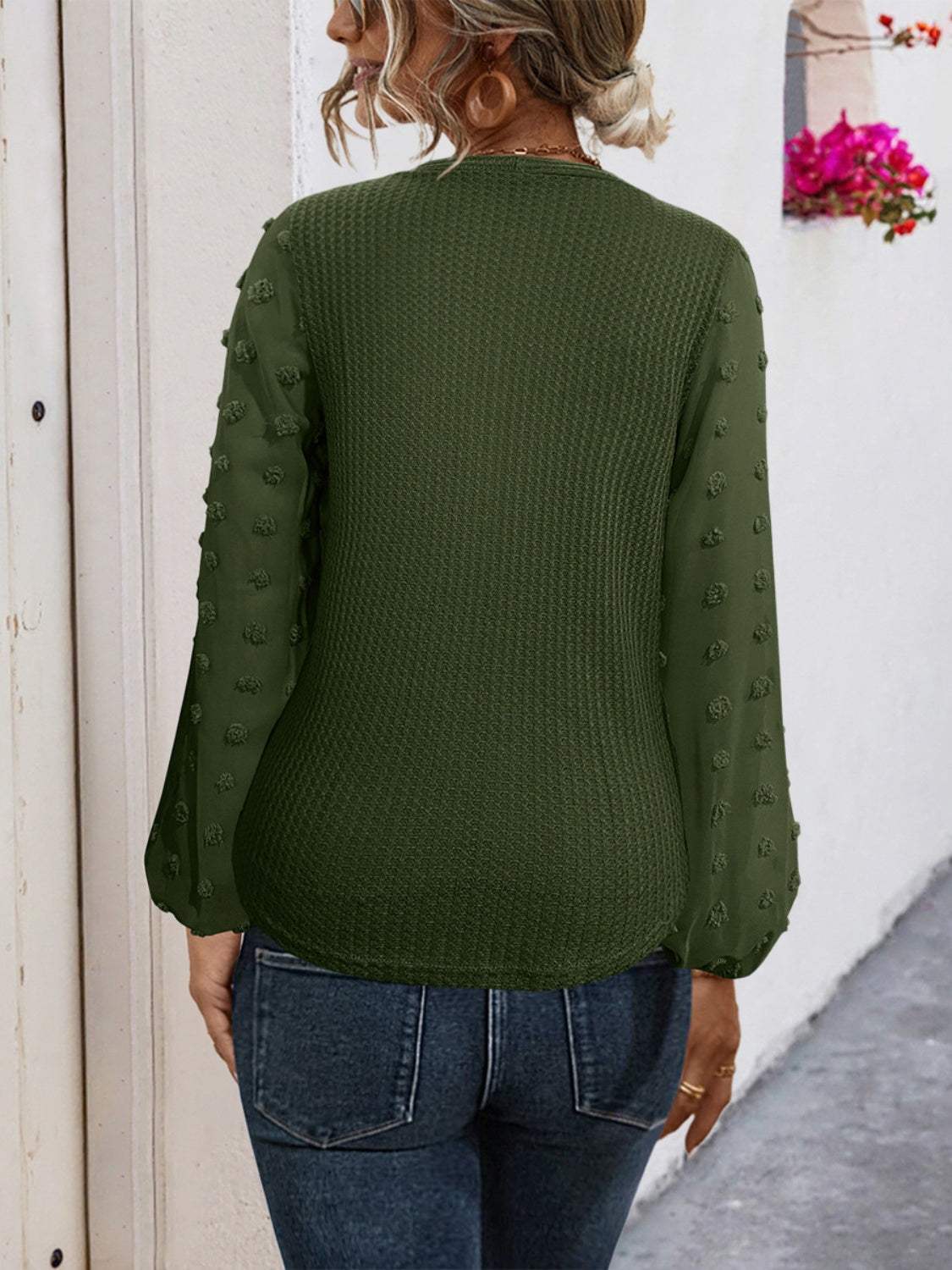 Tied Swiss Dot V-Neck Long Sleeve Blouse - Trendsi - Flyclothing LLC