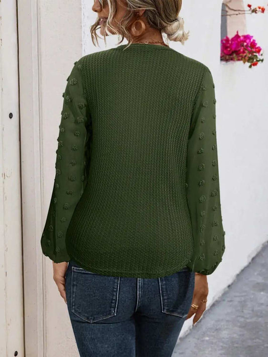 Tied Swiss Dot V-Neck Long Sleeve Blouse - Trendsi - Flyclothing LLC