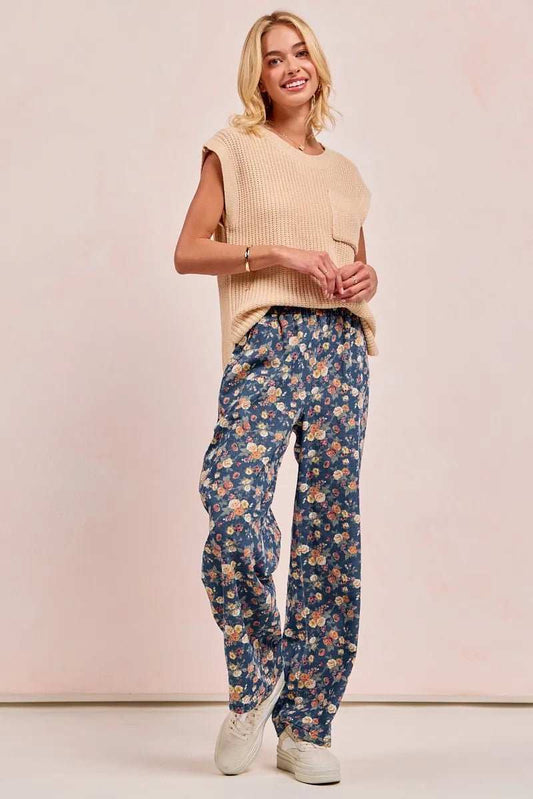 BiBi Washed Floral Print Wide Leg Jeans - Trendsi - Flyclothing LLC