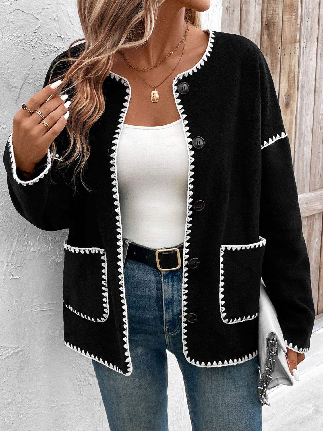 Perfee Pocketed Contrast Button Up Jacket - Trendsi - Flyclothing LLC
