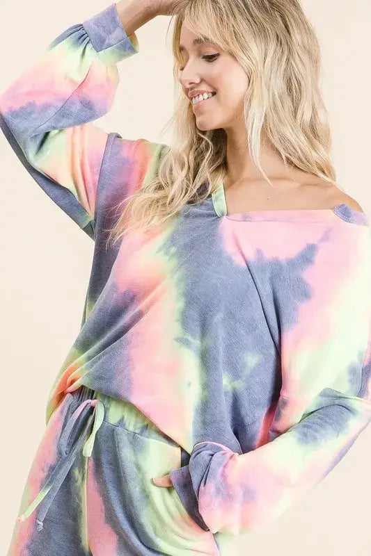 BiBi Tie Dye French Terry Top With Balloon Sleeves - Trendsi - Flyclothing LLC