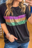 Sequin Stripes Crew Neck T Shirt - Trendsi