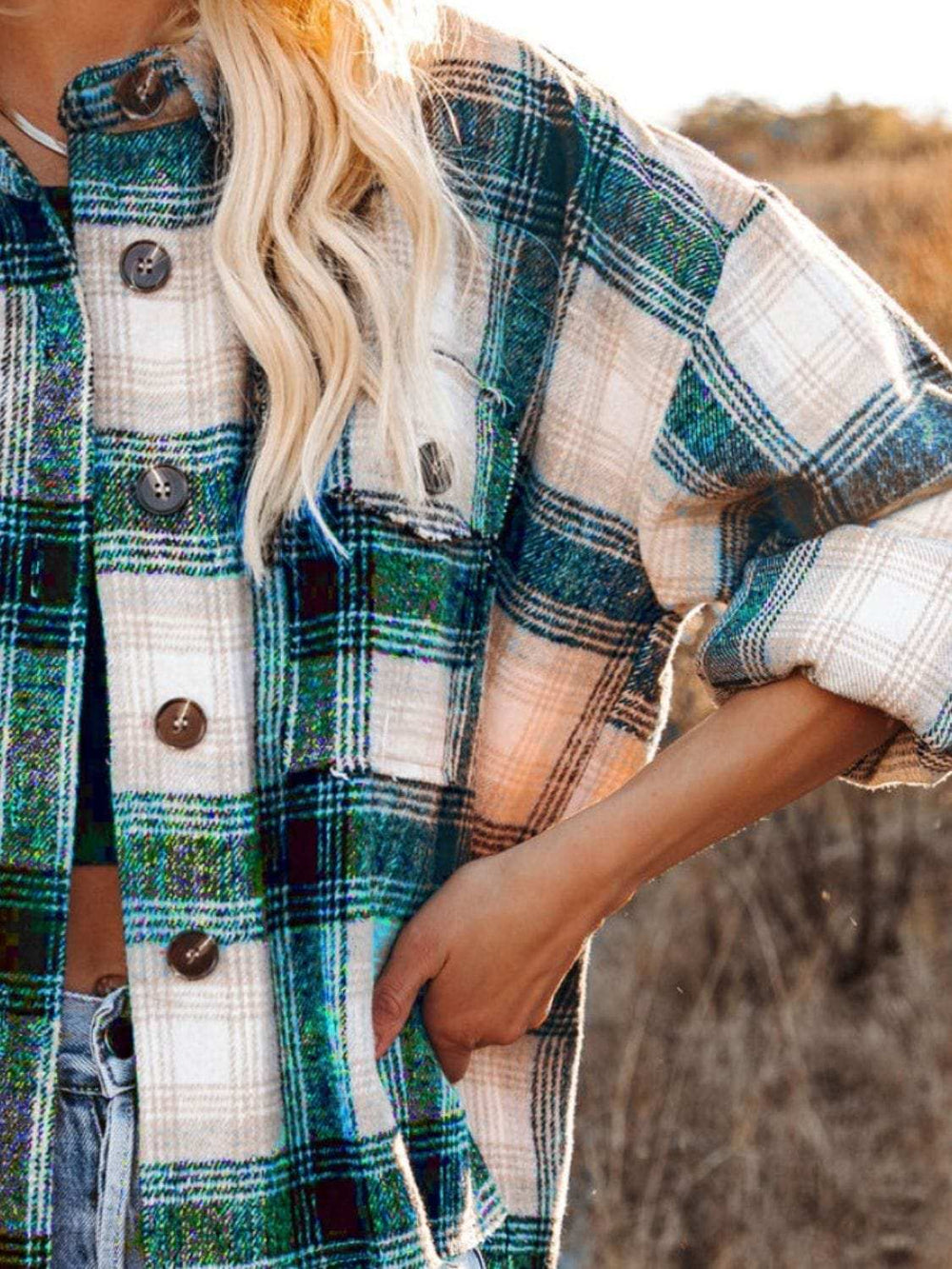 Pocketed Plaid Button Down Long Sleeve Shacket - Trendsi - Flyclothing LLC