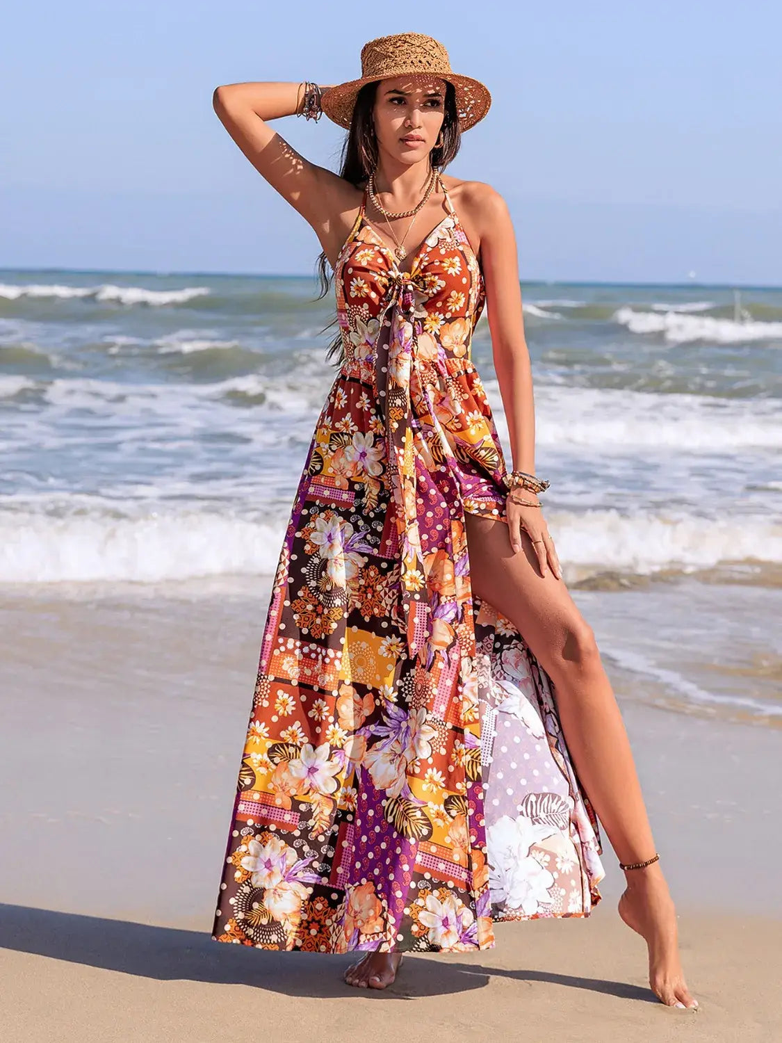 Slit Printed Halter Neck Cami Dress - Trendsi - Flyclothing LLC