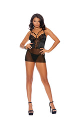 Elegant Moments Mesh lace and satin babydoll with underwire cups strappy front detail adjustable straps and a back keyhole hook and eye closure black - Elegant Moments - Flyclothing LLC