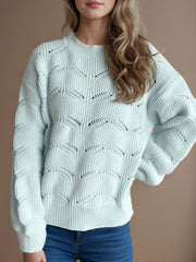 Openwork Round Neck Dropped Shoulder Sweater - Trendsi