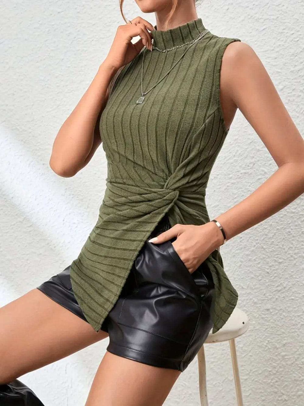 Twisted Mock Neck Ribbed Knit Top - Trendsi - Flyclothing LLC