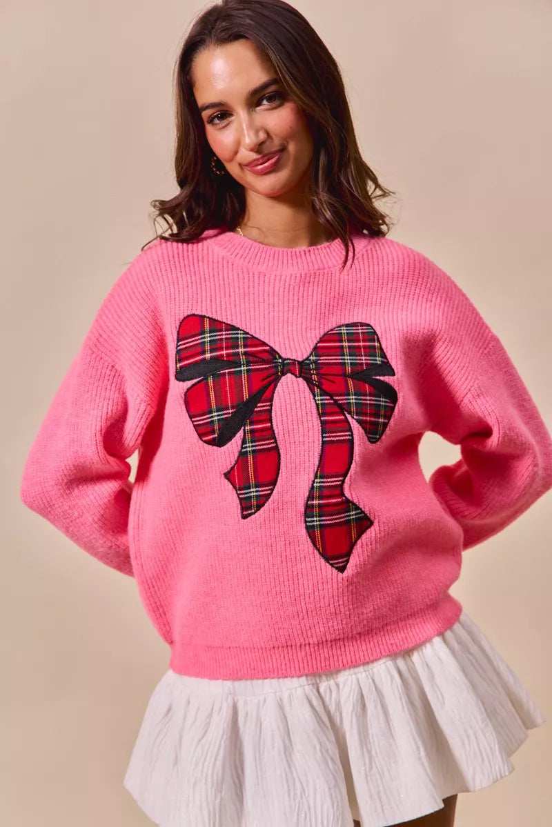 SO ME Checker Plaid Ribbon Christmas Holiday Sweater - Trendsi - Flyclothing LLC