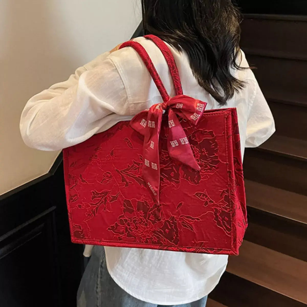 Floral Embossed Tote Handbag with Scarf Accent - Trendsi - Flyclothing LLC