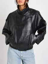 Faux Leather Moto Jacket with Asymmetrical Zip - Trendsi - Flyclothing LLC