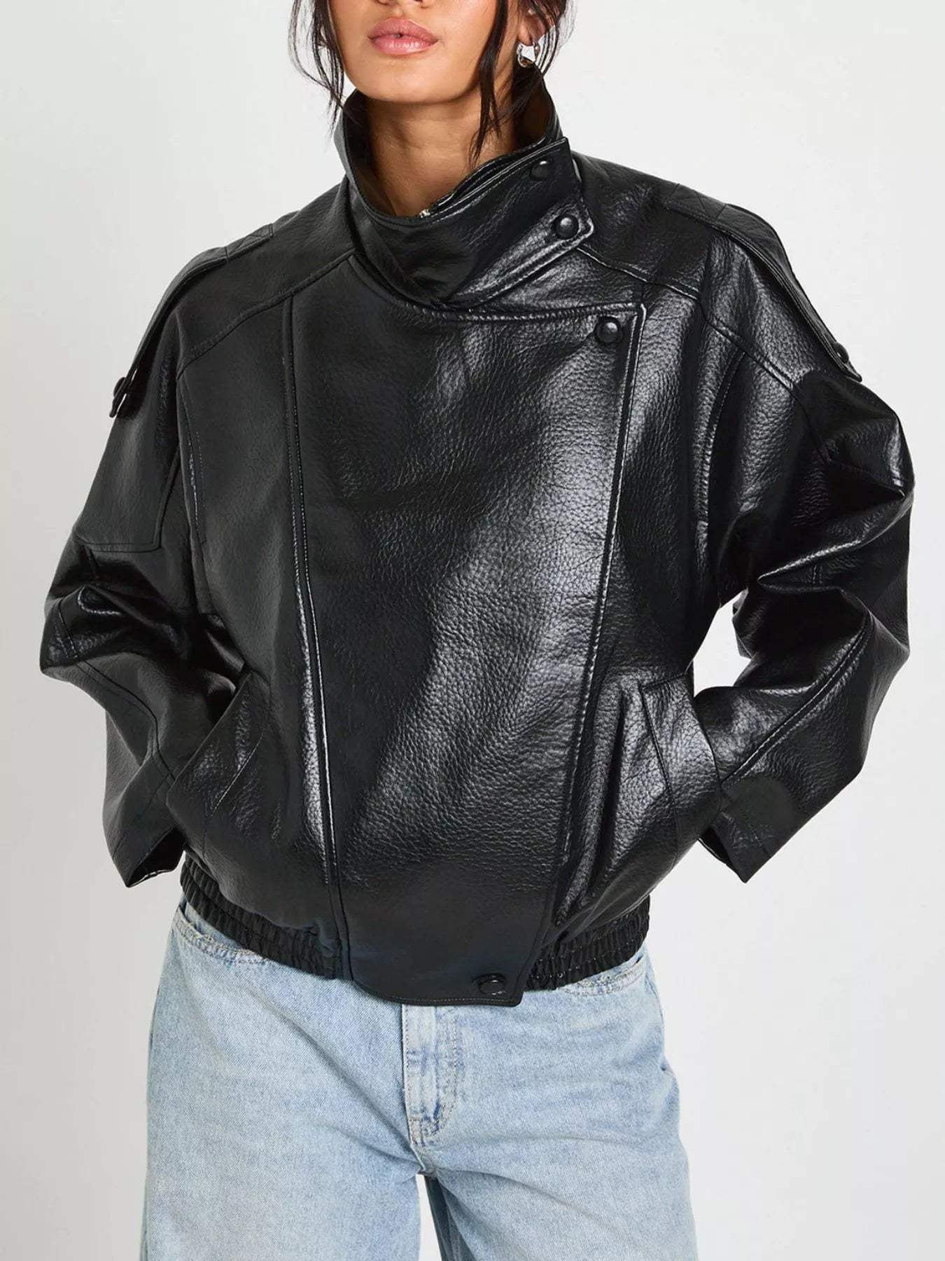 Faux Leather Moto Jacket with Asymmetrical Zip - Trendsi - Flyclothing LLC