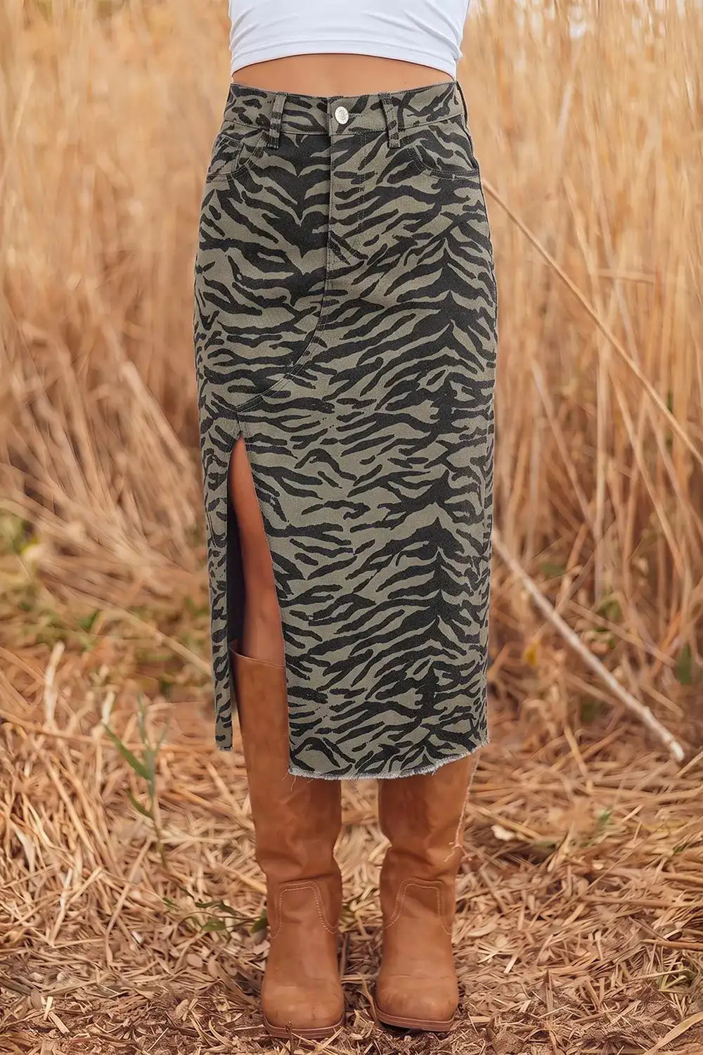 Leopard Print Side Split Frayed Hem Denim Midi Skirt - Trendsi - Flyclothing LLC