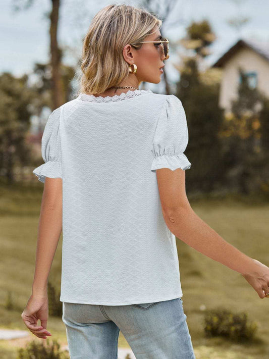 Lace Detail V-Neck Flounce Sleeve Blouse - Trendsi - Flyclothing LLC