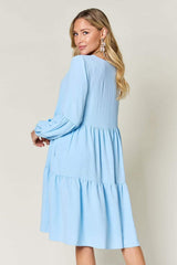 Double Take Full Size V-Neck Balloon Sleeve Tiered Dress - Trendsi - Flyclothing LLC