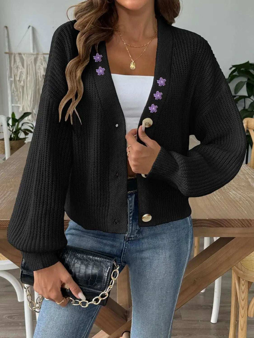 V-Neck Button Up Long Sleeve Cardigan - Trendsi - Flyclothing LLC