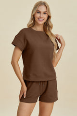 Double Take Full Size Texture Short Sleeve Top and Shorts Set - Trendsi