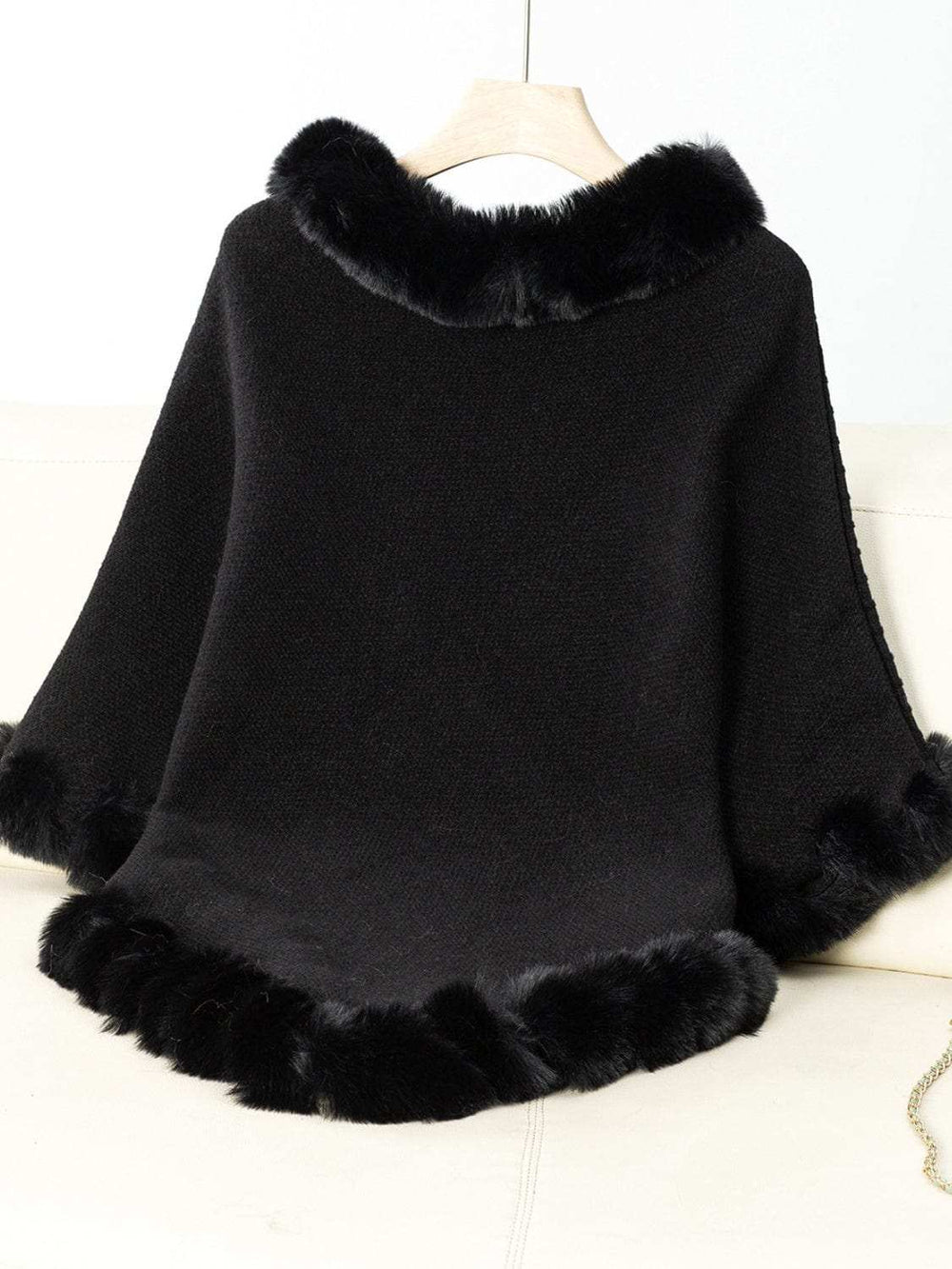 Fuzzy Trim Texture Three-Quarter Sleeve Poncho - Trendsi - Flyclothing LLC