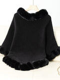 Fuzzy Trim Texture Three-Quarter Sleeve Poncho - Trendsi