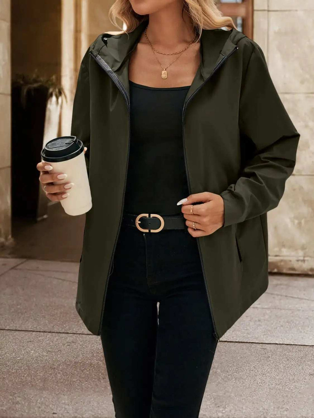 Pocketed Zip Up Hooded Jacket - Trendsi - Flyclothing LLC