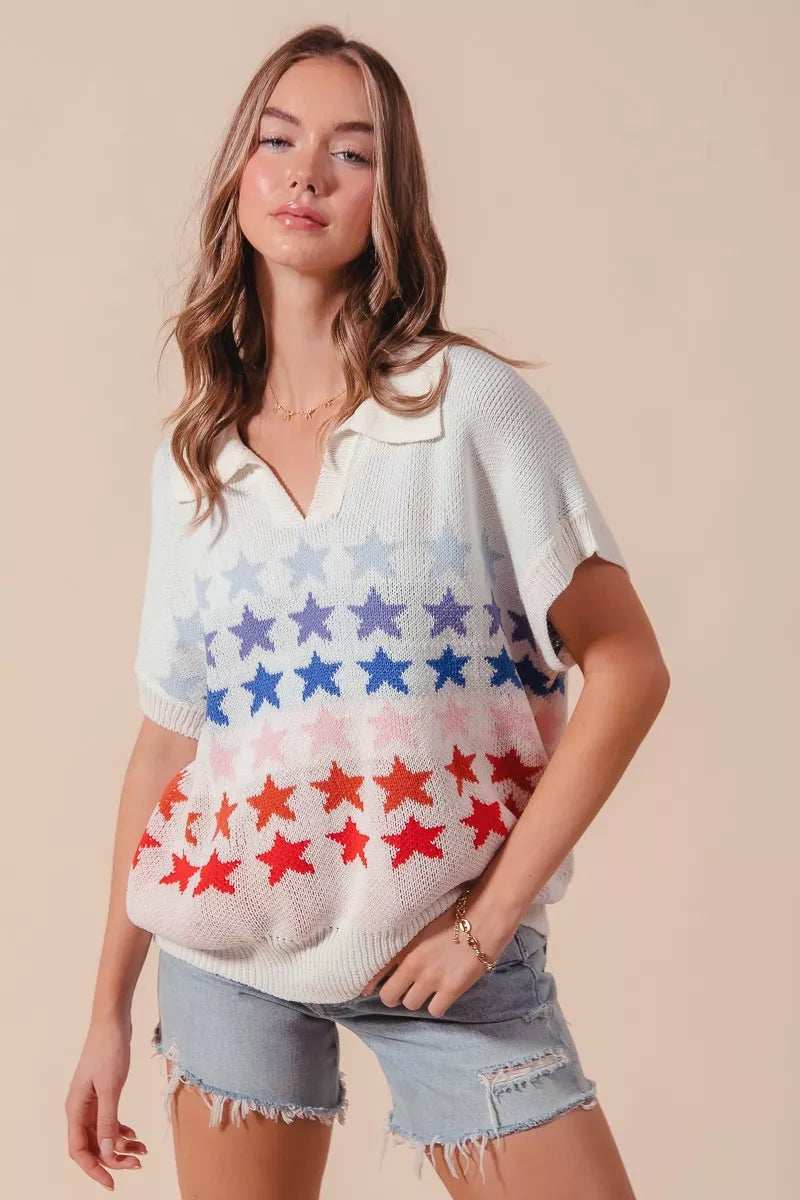 SO ME Fourth Of July Stars Loose Fit Knit Top - Trendsi - Flyclothing LLC