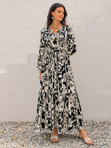 Smocked Printed Tie Neck Long Sleeve Dress - Trendsi - Flyclothing LLC