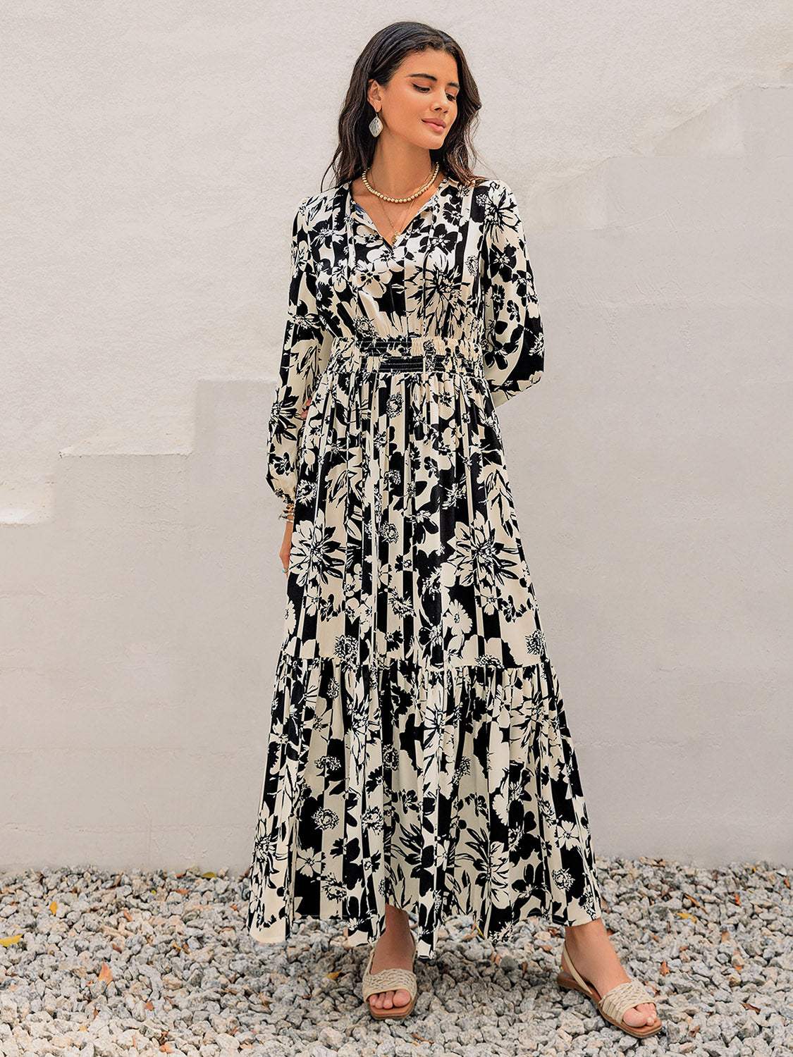 Smocked Printed Tie Neck Long Sleeve Dress - Trendsi - Flyclothing LLC