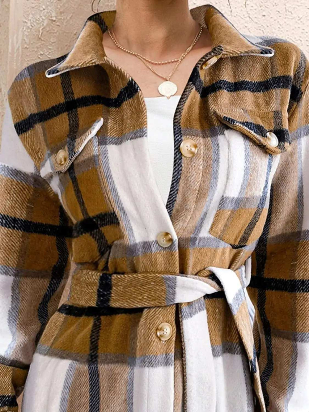 Tied Plaid Button Up Shacket - Trendsi - Flyclothing LLC