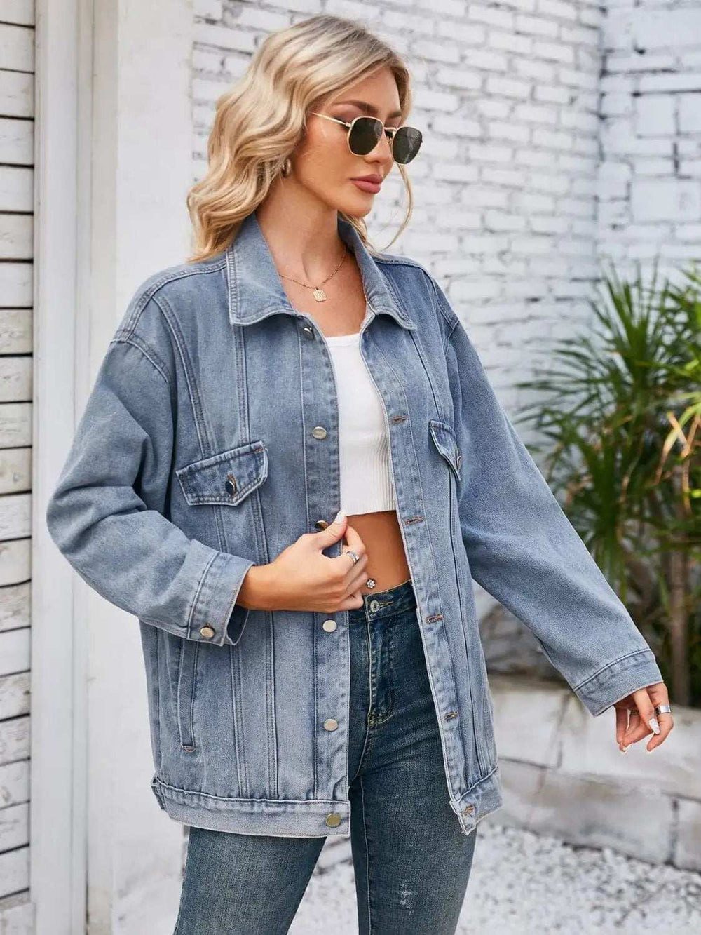 Button Up Long Sleeve Denim Jacket - Trendsi - Flyclothing LLC