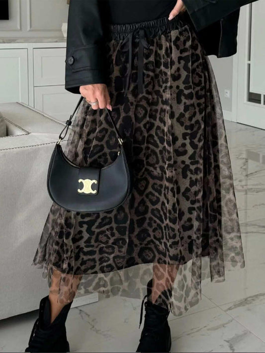 Leopard Print Tulle Midi Skirt - Trendsi - Flyclothing LLC