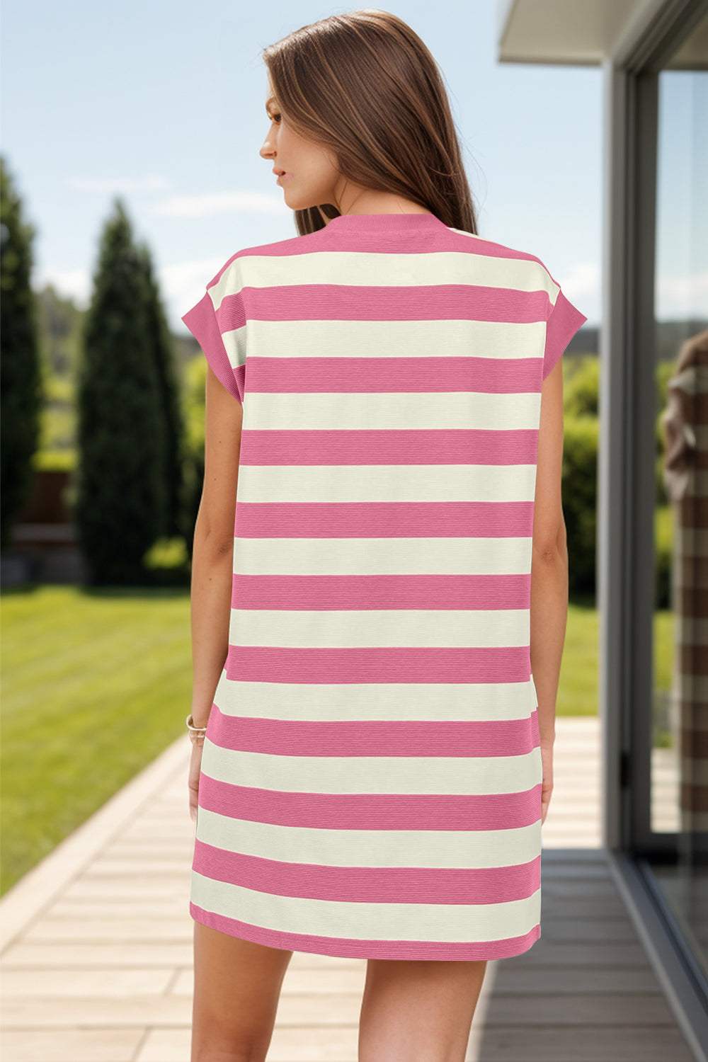 Striped Round Neck Cap Sleeve Mini Dress - Trendsi - Flyclothing LLC