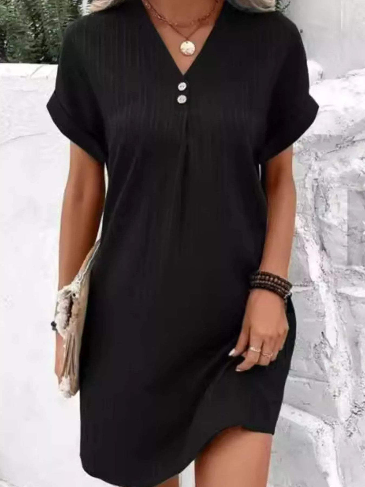 Full Size Casual V-Neck Short Sleeve Dress Plus Size - Trendsi - Flyclothing LLC