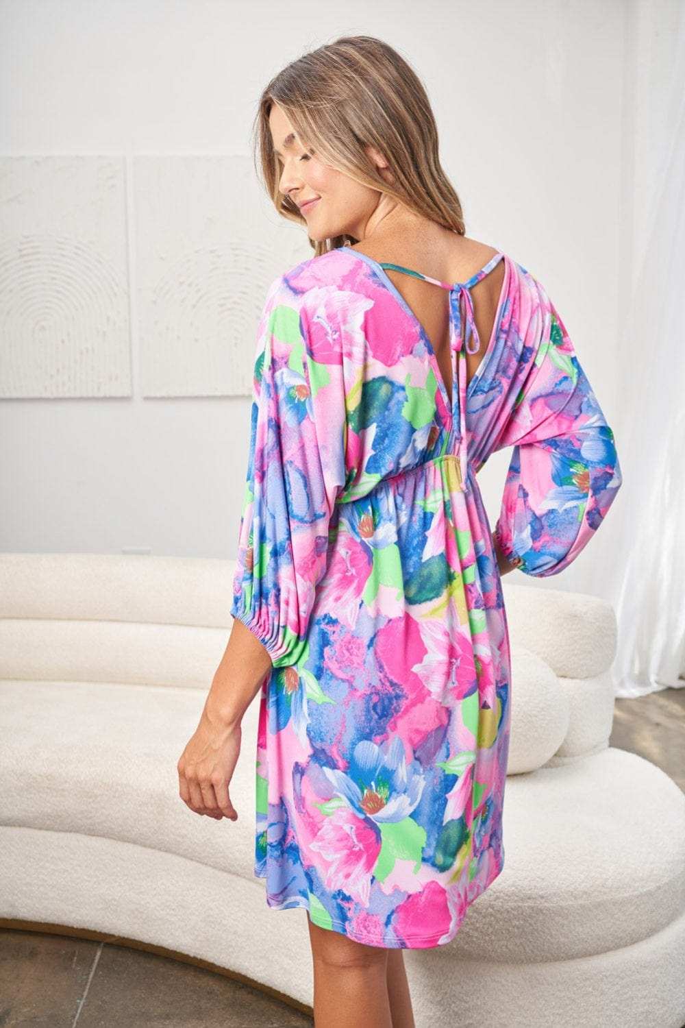 White Birch Full Size Printed V-Neck Tie Back Mini Dress - Trendsi - Flyclothing LLC