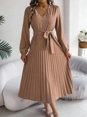 Pleated Tied V-Neck Long Sleeve Dress - Trendsi