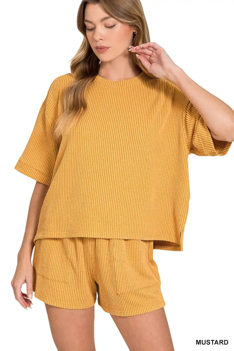 Zenana Raised Rib Short Sleeve Tee and Drawstring Shorts Set - Trendsi - Flyclothing LLC