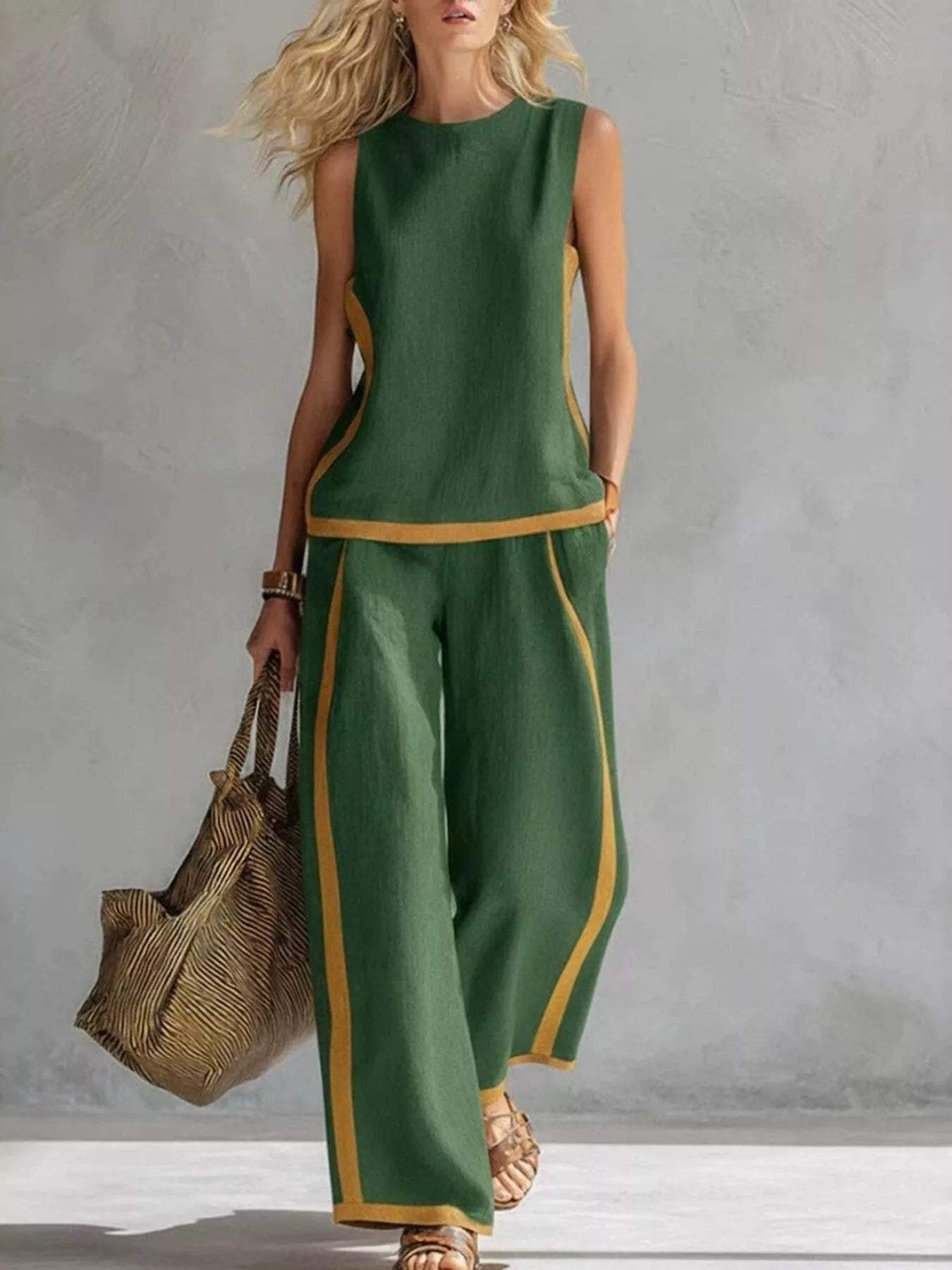 Full Size Contrast Stripe Sleeveless Top & Wide-Leg Pants Set Plus Size - Trendsi - Flyclothing LLC