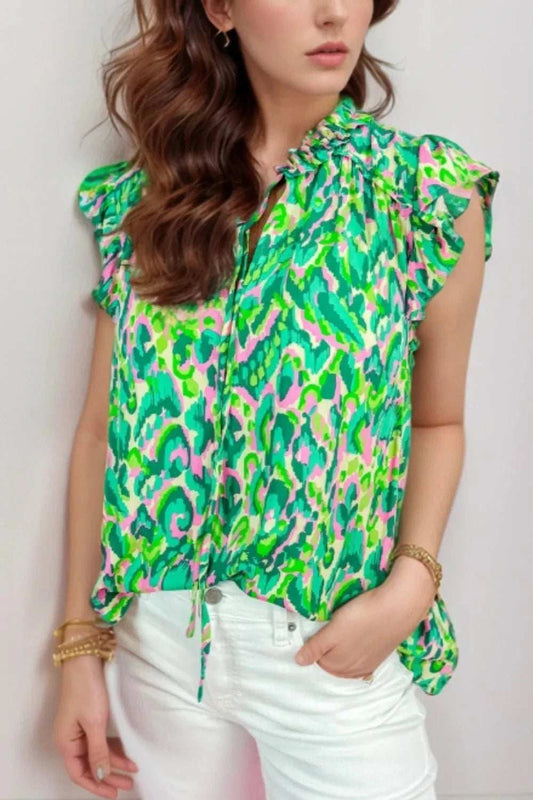 Abstract Print Ruffled Trim Tie Neck Top - Trendsi - Flyclothing LLC
