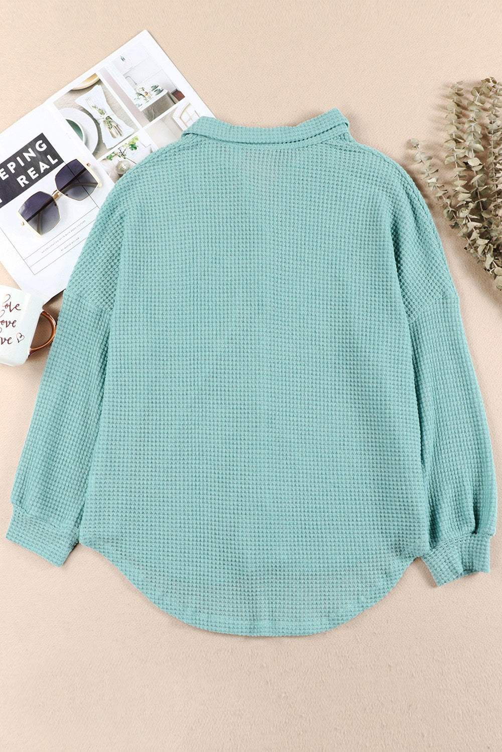 Waffle-Knit Collared Neck Long Sleeve Shirt - Trendsi - Flyclothing LLC