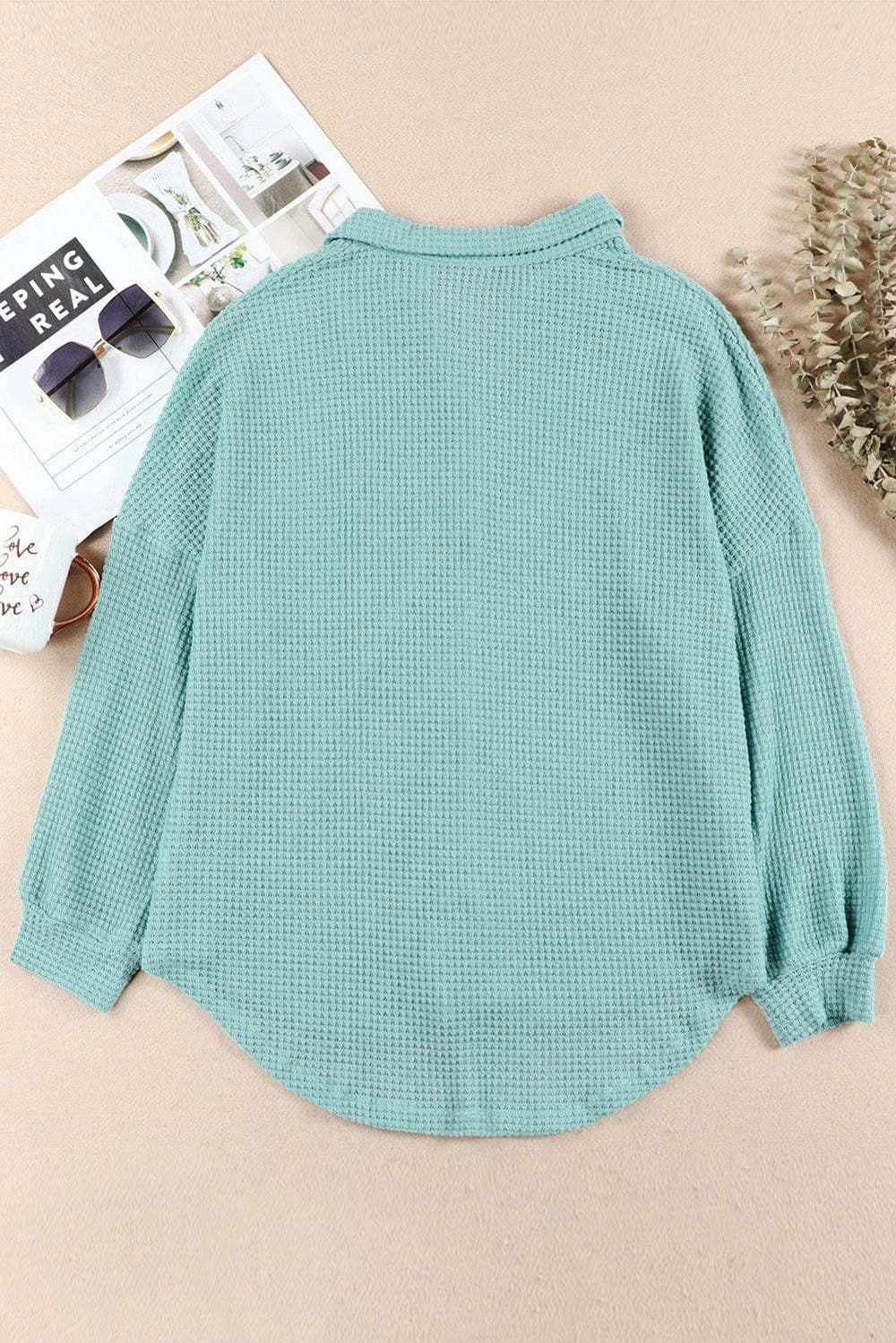 Waffle-Knit Collared Neck Long Sleeve Shirt - Trendsi - Flyclothing LLC