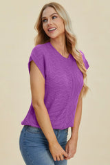 Double Take Full Size Cable-Knit Round Neck Cap Sleeve Sweater - Trendsi - Flyclothing LLC
