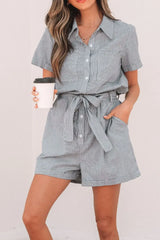 Stripe Chest Pockets Tie Waist Romper - Trendsi - Flyclothing LLC