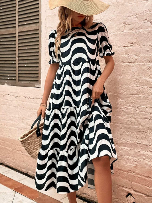 Wavy Striped Round Neck Short Sleeve Dress - Trendsi - Flyclothing LLC