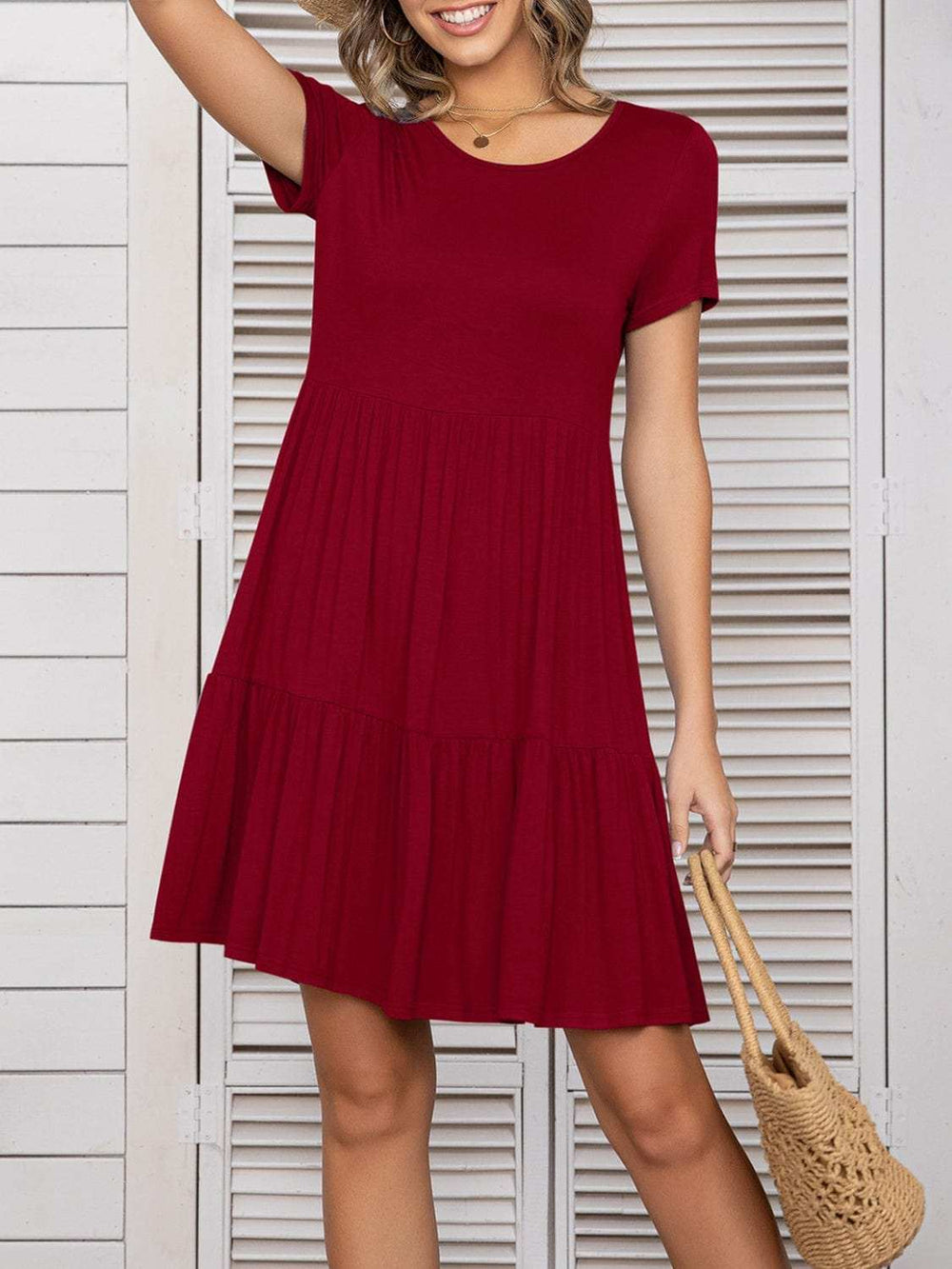 Round Neck Short Sleeve Mini Tee Dress - Trendsi - Flyclothing LLC