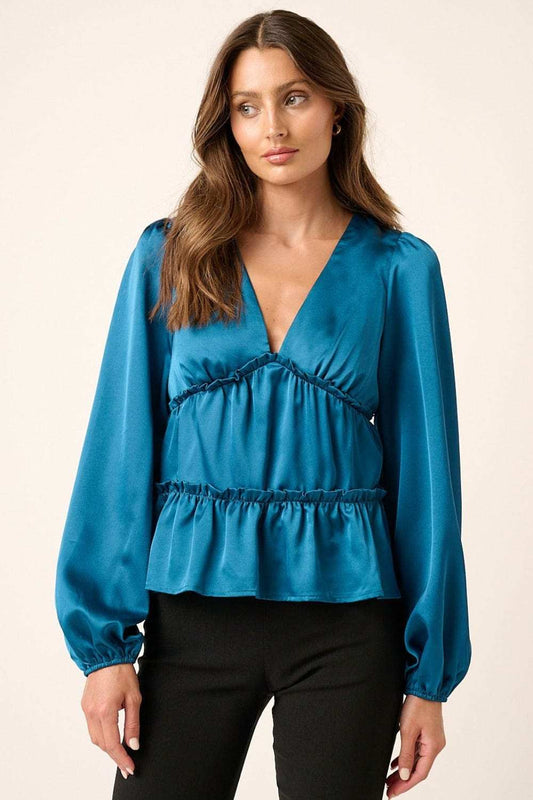 Mittoshop Satin V Neck Ruffled Tier Blouse - Trendsi - Flyclothing LLC