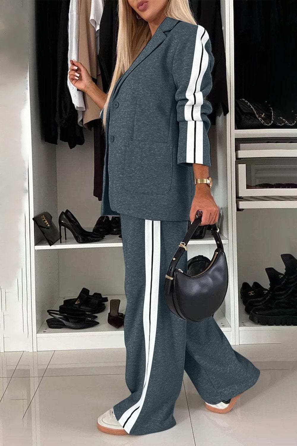 Full Size Contrast Lapel Collar Top and Pants Set - Trendsi - Flyclothing LLC