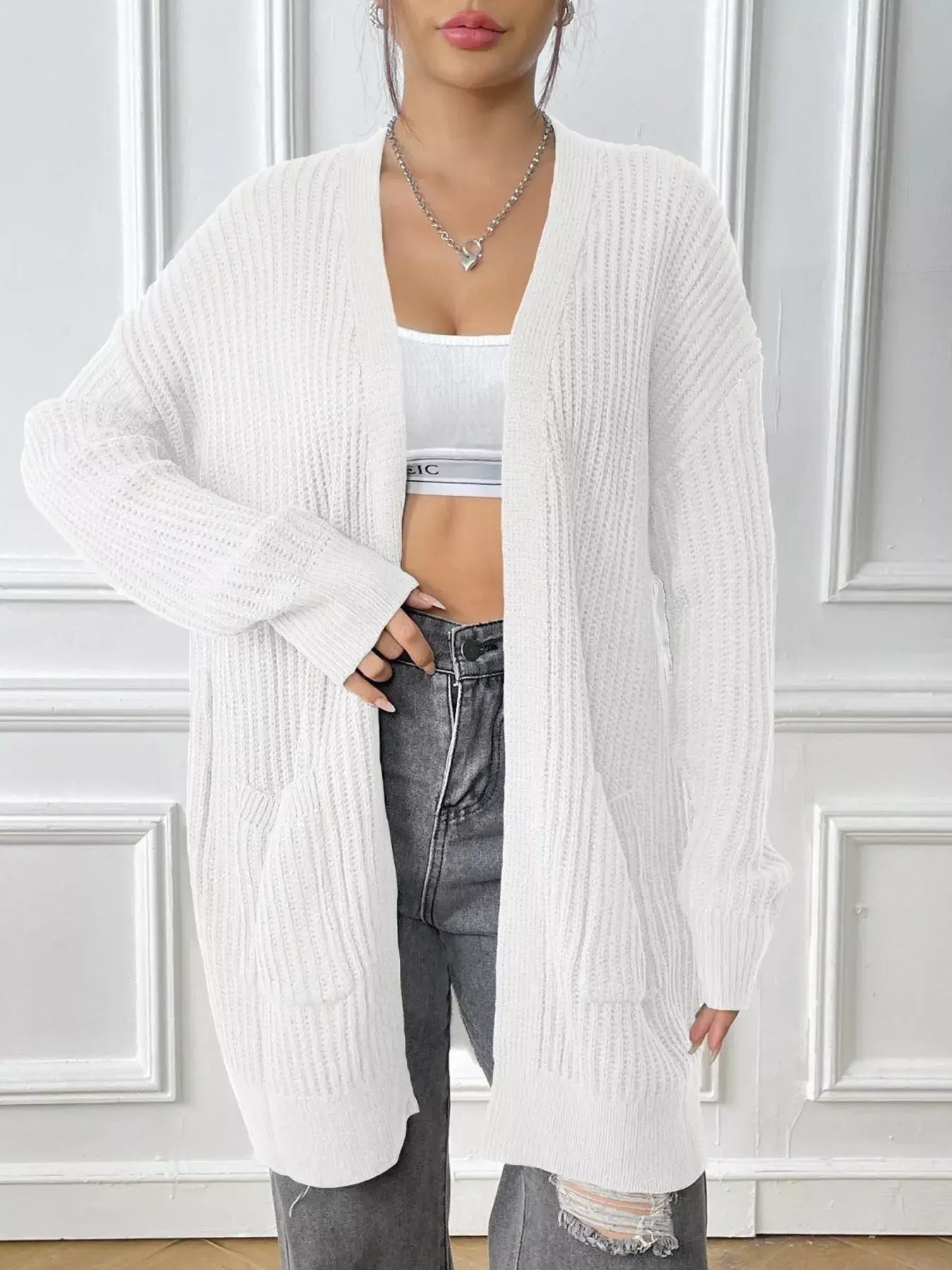 Open Front Drop Shoulder Cardigan - Trendsi - Flyclothing LLC