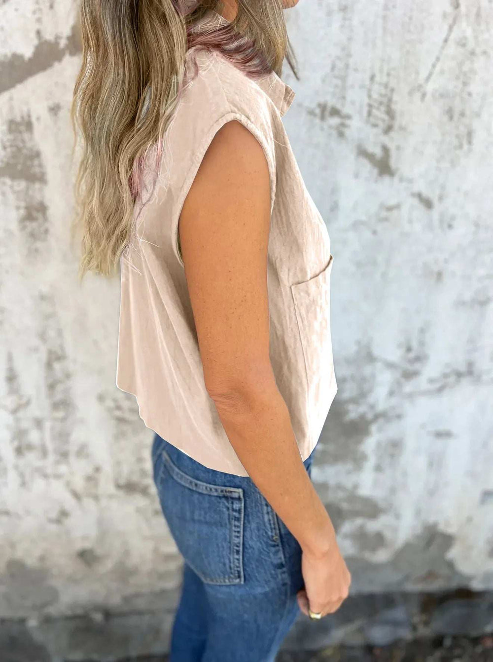 Full Size Button Down Cap Sleeve Linen Shirt Plus Size - Trendsi - Flyclothing LLC