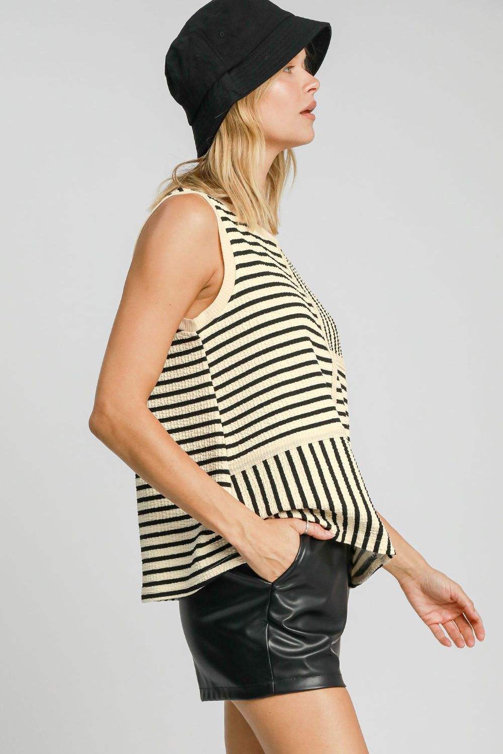 Umgee Round Neck Texture Striped Tank - Trendsi - Flyclothing LLC