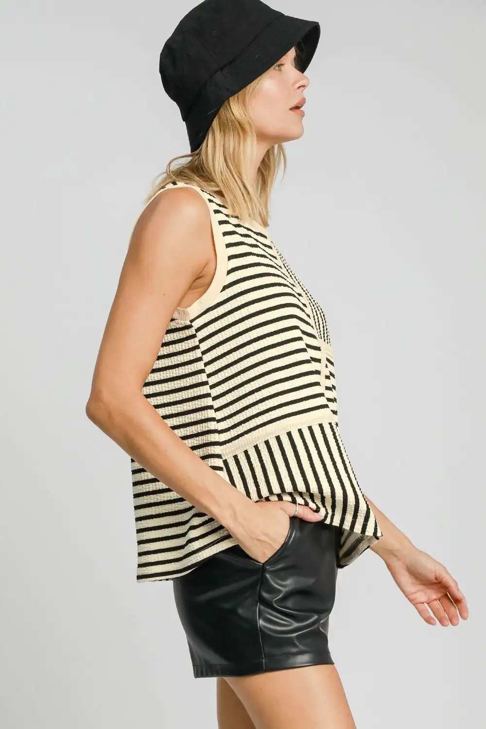 Umgee Round Neck Texture Striped Tank - Trendsi - Flyclothing LLC